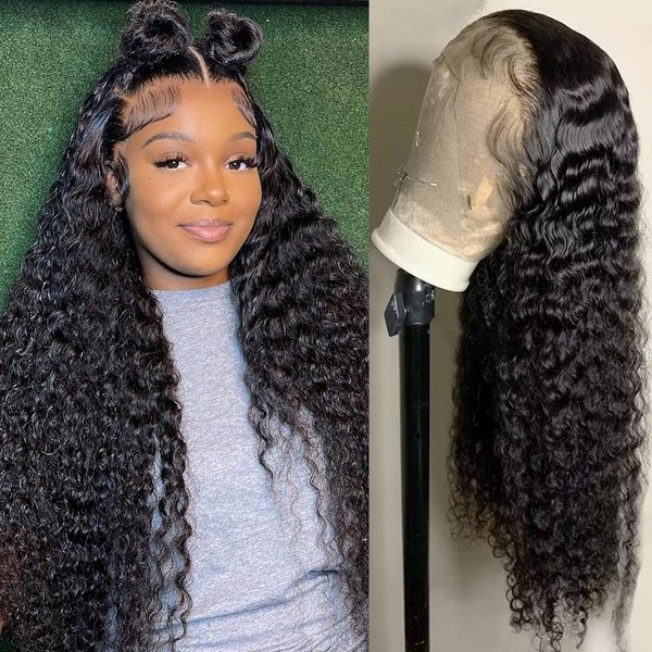 Ali Bling 26 Inch Deep Wave Lace Frontal Wig Human Hair Pre Plucked Glueless Wigs Human Hair 13x4 HD Lace Frontal Wigs Deep Wave Human Hair Wigs 180% Density Closure Wig Natural Black Natural Hairline