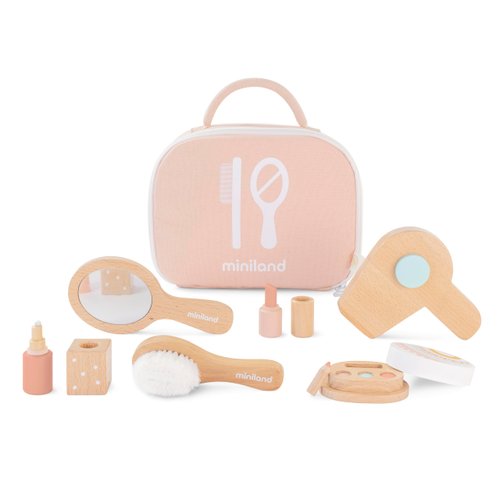 Miniland Doll Wooden Beauty Set - Quality accesory Set with 6 Wooden Pieces and 1 Carry case to Storage for Children from 3 to 6 Years