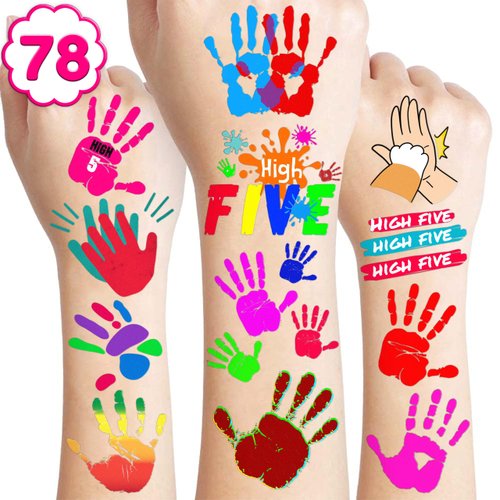 8 Sheets (78PCS) Hi High Five Tattoos Birthday Party Decorations Favors Decor Supplies Theme Stickers for Girl Boy Kids Gifts Classroom School Prizes Rewards