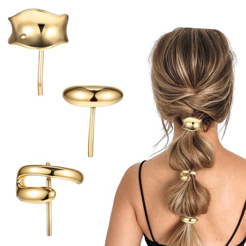 PEOVLVN 3 Pcs Gold Hair Cuffs, 1 Inch Metal Ponytail Cuff Gold Hair Tie Ponytail Holder Hair Clips Decorative Barrettes for Women Girls Long Hair Ponytail Hair Accessories