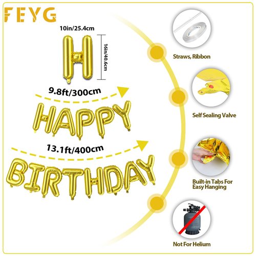 Gold Happy Birthday Balloons Banner,16 Inch Mylar Foil Letters Sign,Inflatable Reusable Party Decor and Birthday Decorations,for Women,Men,Kids Boys & Girls Birthday Decorations Party Supplies