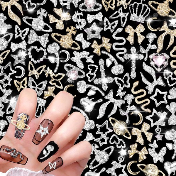 UOTEY 105 Pcs Silver+Gold Nail Gems Charms, 3D Heart Crown Dollar Nail Diamond Charms wtih Rhinestones+Mixed Butterfly Alloy Nail Charms Bow Heart Star Charms for Nail Art DIY Accessories
