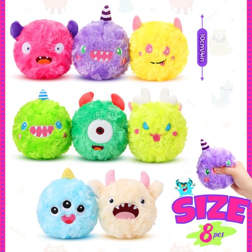 HyDren 8 Pack Squeaky Dog Toys Balls 2 in1 Soft Stuffed Plush 4" Dog Balls with Squeakers Small Dog Squeak Toy Monster Dog Chewers Bulk for Small Medium Puppy Pets Dogs Birthday Gift