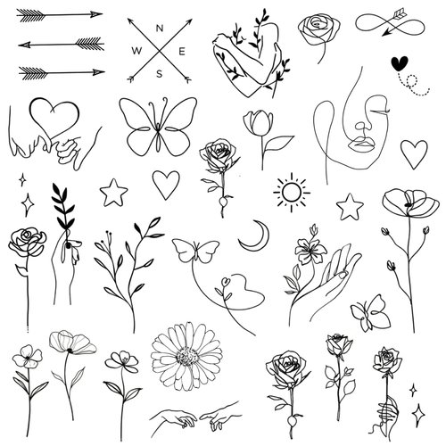 One Grace Mini Fine Line Temporary Tattoos - Realistic Long Lasting Waterproof Tiny Tattoos - Black and White Butterflies Flower Rose Minimal Small Tattoos for Women and Men