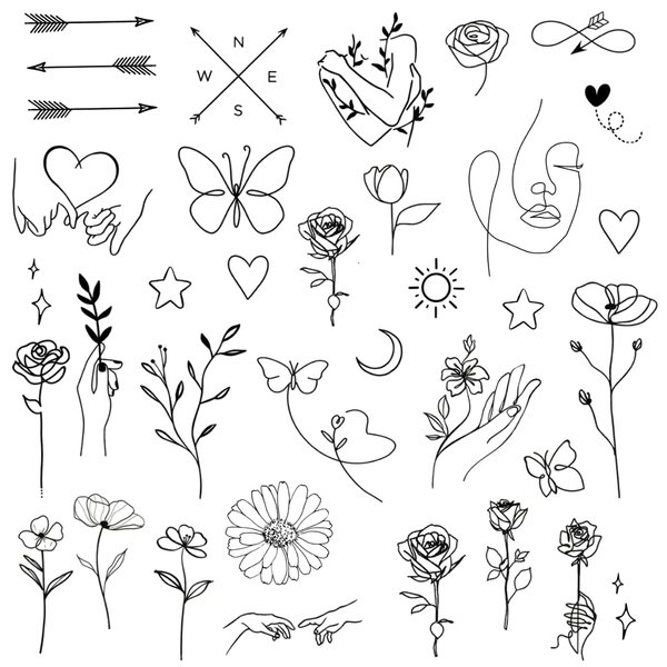 One Grace Mini Fine Line Temporary Tattoos - Realistic Long Lasting Waterproof Tiny Tattoos - Black and White Butterflies Flower Rose Minimal Small Tattoos for Women and Men
