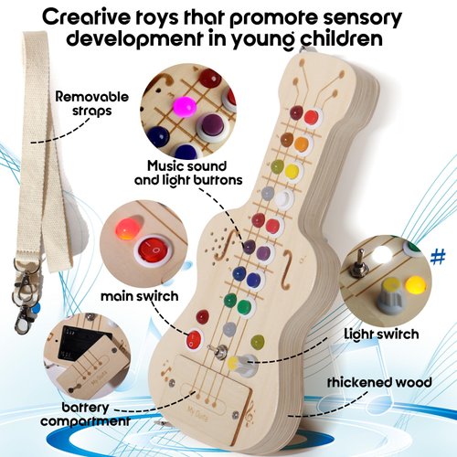 Dinhon LED Busy Board, Wooden Sensory Toys for Toddler, Montessori Music Toy for Airplane, Travel Activity Educational Learning Toy, Busy Light Switch Autism Toys, Birthday Boys Girls Gifts