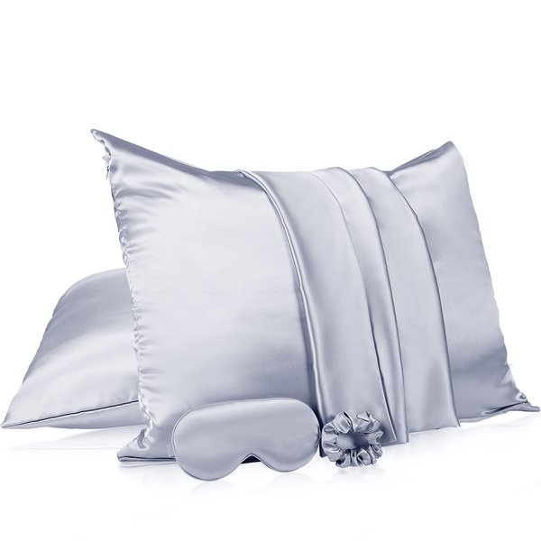 2 Pack Satin Pillowcase with Latent Zipper, Adjustable Satin Eye Mask for Sleeping and Satin Volume Scrunchie for Hair and Skin, Standard Size (Silver,Classic Style)