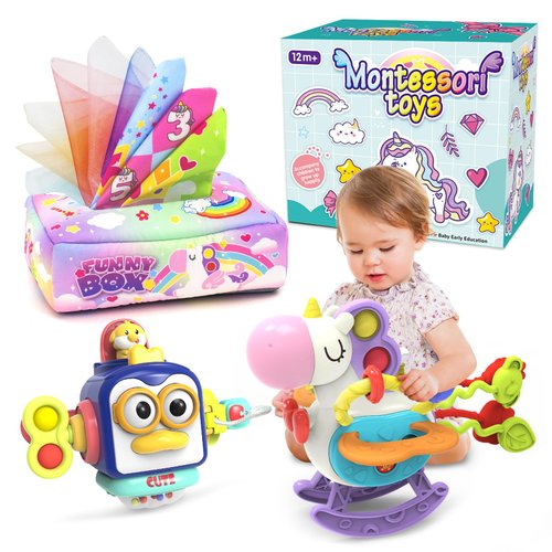 Babies Toys for 12 Months,Sensory Toys for Toddlers 1-3, 3 in 1 Activities Busy Cube,Pull String Teether and Baby Tissue Box Toy,Infant Toddlers Toy Gifts for 1 2 3 Year Old Boys Girls