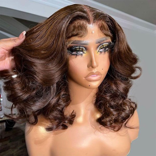 250% Density Loose Deep Wave Brown Lace Front Wigs Human Hair Wear and Go Glueless Short Bob Wigs Human Hair 4x4 HD Lace Closure Wigs with Elastic Band (12inches)