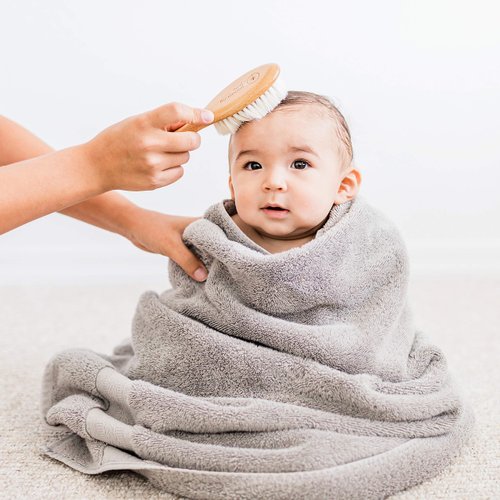 Natural Baby Hair Brush Set - Wooden Brushes and Comb with Boho Travel Bag for Girl or Boy - Soft Goat Hair Brush for Cradle Cap, Bamboo Toddler Hair Brush, Newborn Hairbrush for Scalp Grooming