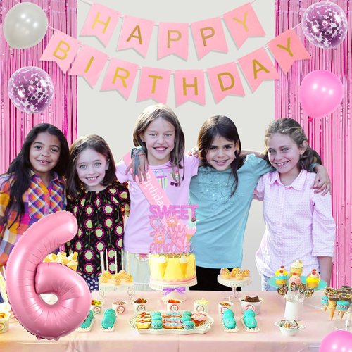 JOYMEMO Sweet Sassy and Six Birthday Decorations Girl, Pink Sweet Six Birthday Party Supplies with Donut Ice Cream 6th Birthday Cake Topper, Birthday Girl Sash, Happy Birthday Banner, Tinsel Curtain