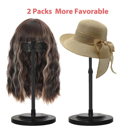 Wig Stand 2 Pack Adjustable Height Portable Wig Holder Black Wig Head Stand Hat/Cap/Wig Holder Display Stand Wig Stands for Multiple Wigs