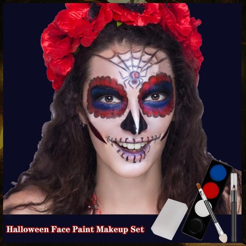 4 Colors White + Black + Red + Blue Face Painting Kit, Face Paint Body Makeup Kit for Halloween SFX Makeup, White Black Halloween Makeup Paltte with Brushes for Skull Clown Art Theater (D Set)