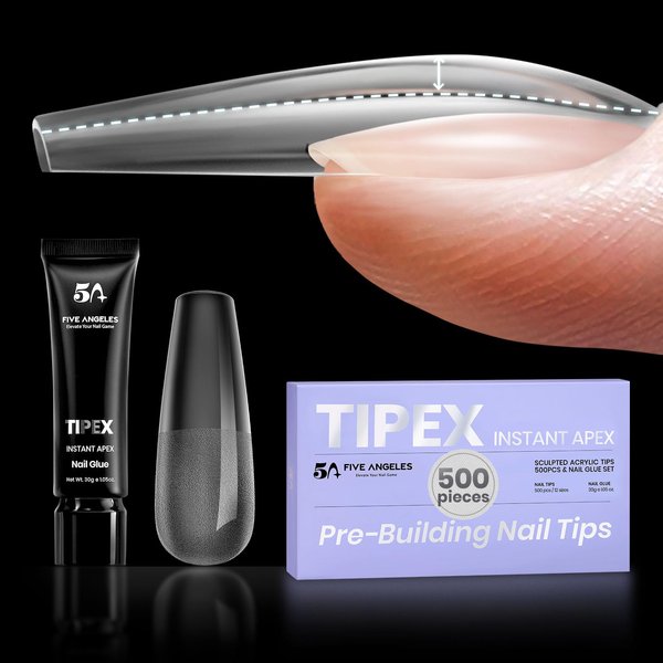 Five Angeles Tipex Instant Apex Gel Nail Tips Kit,500 Pieces Acrylic Full Cover Long Coffin Hard Nail Tips,Pre-etched Sculpted Press On Nail Tips+ 30g/1.05oz UV Nail Glue,Thicken Nails for Flat Nails