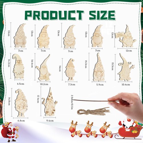 Macarrie 48 Pcs Christmas Wood Gnome Cutouts Blank Unfinished Wooden Gnome Hanging Ornaments Elf Paintable Christmas Ornaments with Rope for DIY Craft Painting Home Decor