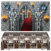GCTWFYK 2 Pcs Medieval Party Decorations, Medieval Scene Setter Set, Castle Backdrop with Halloween Brick Stone Wall Tablecloth, Knight Themed Castle Decorations for Party Table Wall Decor