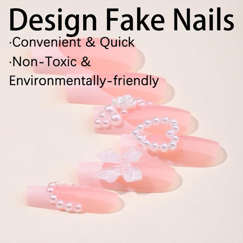 ROFIBUT French Tip Press on Nails Medium Square Fake Nails Glossy Full Cover Gel Glue on Nails with Pearls Design Luxury 3D Bow Rose Charms Coffin False Nails for Women Kids Manicure Nail Decor 24Pcs