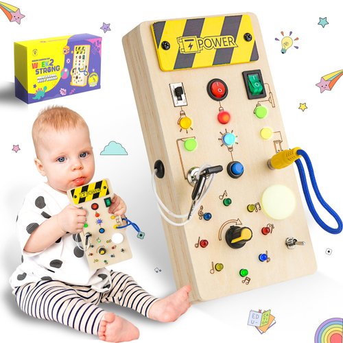 week2strong Montessori Busy Board for 1+ Year Old, Wooden Swtich Board for Toddlers-Sensory Travel Toys, Learning Toys with LED Light Switches
