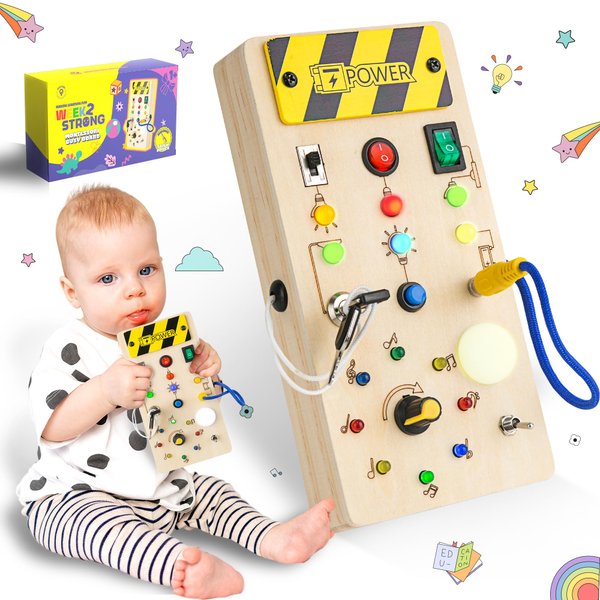 week2strong Montessori Busy Board for 1+ Year Old, Wooden Swtich Board for Toddlers-Sensory Travel Toys, Learning Toys with LED Light Switches