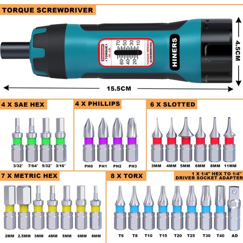 Hiners 1/4 Inch Torque Screwdriver Wrench Set, 10-70 in.-lb., 31 Pcs Torque Wrench Bits Set Blue