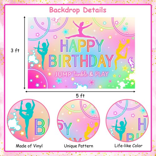 kreat4joy Gymnastics Birthday Party Decorations Backdrop, Gymnastics Birthday Party Supplies Backdrop Banner for Girl Jump Tumble Play Birthday Decorations Photography Background 5 x 3 ft