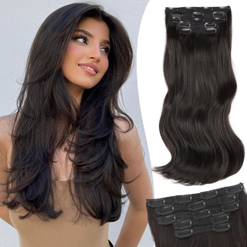 Isaic Clip in Hair Extensions, Dark Brown Hair Extensions Clip in Wavy Layered 16 inch 5PCS Synthetic Hair Extensions Invisible Lace Weft Thick Long Hairpiece for Women Daily Use