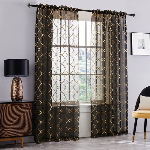 YJ YANJUN Sheer Black Curtains 108 inches Long -Gold and Black Curtains with Quaterfoil Pattern Print Window Curtains 2 Panels,52 x 108 Inch