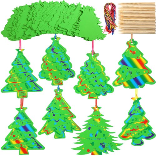 Motipuns 80 Sets 8 Styles Magic Color Christmas Tree Crafts Kits Scratch Off Christmas Ornaments Scratch Ornaments Rainbow Color DIY Hanging Craft for Activities Winter Season Party Favors