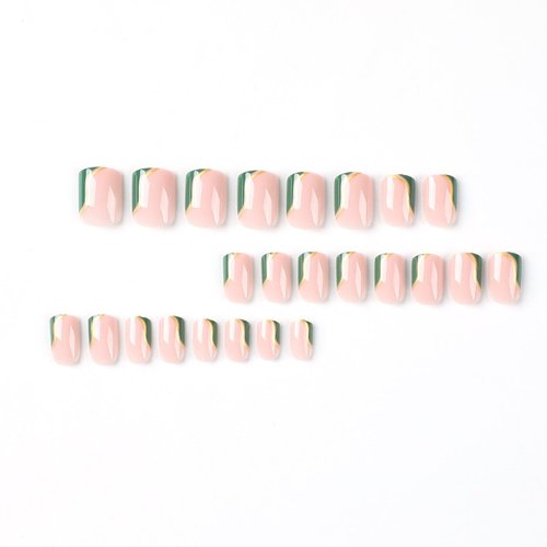 MERVF Square Press on Nails Short Fake Nails Green French Tip Squoval Glue on Nails with Gold Lines Design 24pcs Glossy Acrylic Nails for Women