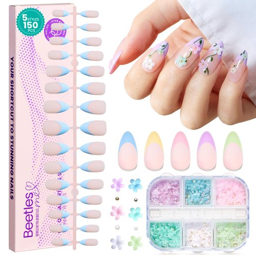 Beetles French Tip Press on Nails 4-IN-1 Medium Almond French Gel Nail Tips 150 Pcs 5 Styles Pre-Primer & Base Coat Easy False Nail Tips with Flower Nail Charms for Nail Extension Salon DIY Home