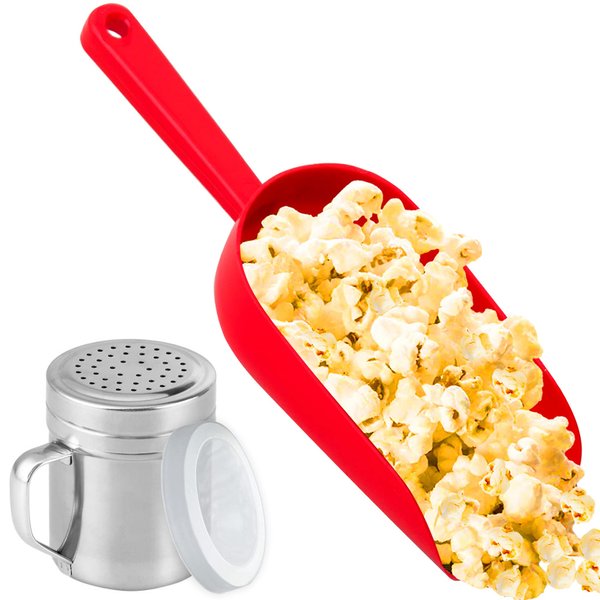 CUSINIUM Red Popcorn Plastic Scoop with Popcorn Salt Shaker (Handle, Plastic Cap) - Popcorn Concession Supplies Bundle