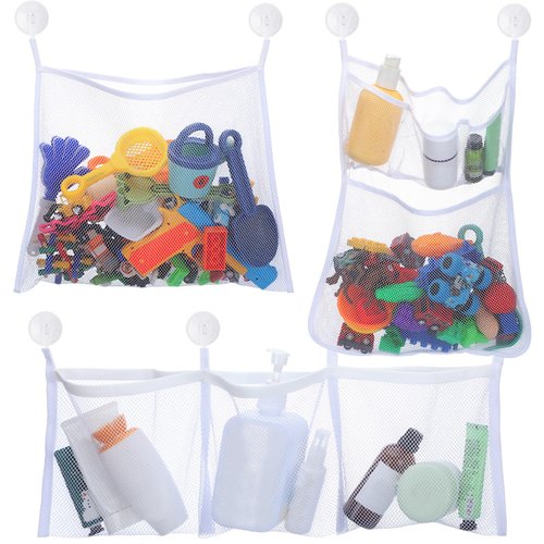 Wowangce 3 Pcs Mesh Bath Toy Storage Bath Toy Holder Bath Toy Organizer with 8 Ultra Strong Hooks Shower Toy Holder Bathtub Toy Storage Hanging Multi Use Net Bags Bedroom and Car Toy Organizer
