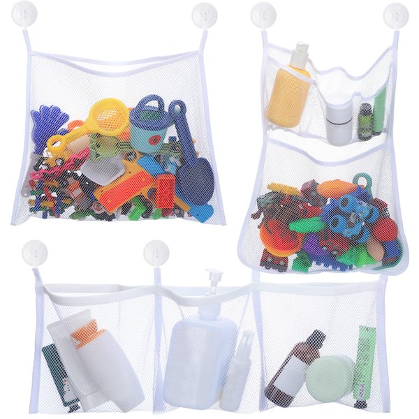 Wowangce 3 Pcs Mesh Bath Toy Storage Bath Toy Holder Bath Toy Organizer with 8 Ultra Strong Hooks Shower Toy Holder Bathtub Toy Storage Hanging Multi Use Net Bags Bedroom and Car Toy Organizer