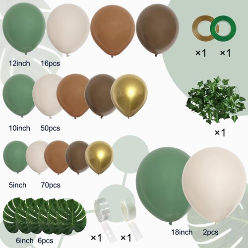 PERPAOL 148pcs Woodland Safari Jungle Wild One Balloon Garland Arch Kit Sage Green and Brown Sand white Balloons with Palm Leaves for Tropical Boho Birthday Party Supplies Baby Shower Decorations