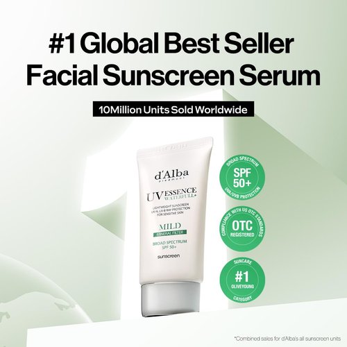 d'alba Piedmont Italian White Truffle Waterfull Mild Sunscreen, Vegan, Mineral Sunscreen, BROAD SPECTRUM SPF 50+ Non-Nano Sunscreen Suitable for Sensitive Skin, Korean Skin Care (1.69 fl. oz)