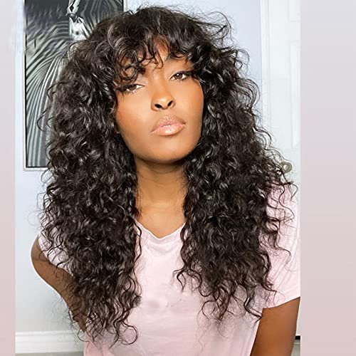 Scalp Top Curly Wigs Human Hair Machine Made Scalp Top Wig With Bangs For Black Women Brazilian R...