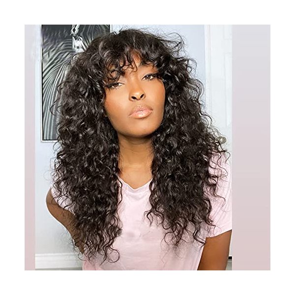 Scalp Top Curly Wigs Human Hair Machine Made Scalp Top Wig With Bangs For Black Women Brazilian Remy 200% Density Wig Natural Color 16 Inch