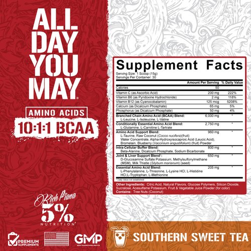 5% Nutrition Rich Piana AllDayYouMay BCAA Powder | Premium Intra & Post Workout Amino Acids, Hydration, Endurance, Muscle Recovery, Joint & Liver Support | 16.3 oz, 30 Servings (Southern Sweet Tea)