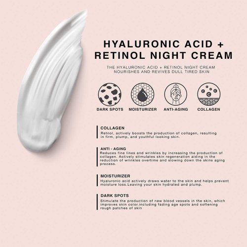 Hyaluronic Acid and Retinol Night Cream - Hydrating Face and Neck Moisturizer for Anti Aging, Wrinkle, Acne, Firming and Dry Skin - Organic Facial Cream for Women, Men and all Skin Types - 2 Fl Oz