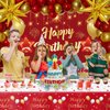 Red and Gold Birthday Decorations for Women Men Girls Boys, 72pcs Red and Gold Party Decorations Happy Birthday Backdrop Burgundy Confetti Star Red Gold Balloon Arch Table Cloth Party Supplies