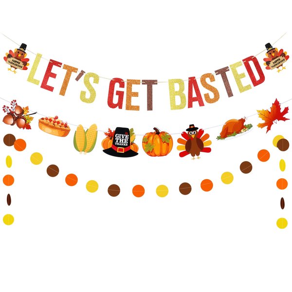 LEESKY Lets Get Basted Banner Thanksgiving Party Banner Decorations - Lets Get Basted Decoration Thanksgiving Party Decorations Friendsgivin Decor Funny Thanksgiving Decorations