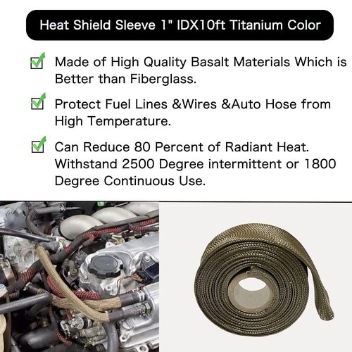 Heat Shield Sleeve 1" IDX10' Fuel Line Heat Shield Auto Hose Spark Plug Wire Cover Protectors Boots Roll 2500 Degree for Car&Auto Wire Loom Brake Cable
