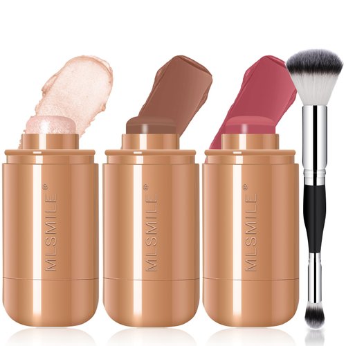 Wugbc 3Pcs Cream Contour Stick Makeup Kit - Highlighter Stick, Face Blush Stick & Bronzer Contour Stick - Long Lasting, Matte, Non-greasy Face Sticks Trio with Brush - Sculpt Cheeks & lip for Beginner