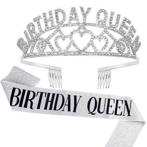 Birthday Crowns for Women, Didder Birthday Sash & Queen Rhinestone Tiara Kit, Silver Birthday Tiaras and Crowns for Women 21st Birthday Sash for Women Birthday Girl Crown Princess Crown Party Gift