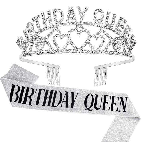 Birthday Crowns for Women, Didder Birthday Sash & Queen Rhinestone Tiara Kit, Silver Birthday Tiaras and Crowns for Women 21st Birthday Sash for Women Birthday Girl Crown Princess Crown Party Gift