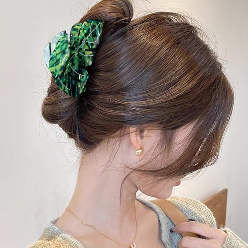 Hair Claw Clip Green Leaf Shape 3.5 Inch Hair Grip Clip French Design Women Girls Spring Hair Accessories Strong Hold for Thick Thin Hair