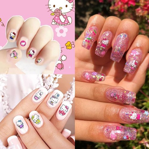 6 Sheets Cute Nail Art Stickers Decals Self Adhesive Nail Art Supplies Kawaii Nail Decals Cute Cat Nail Designs Charms Cartoon Nail Stickers for Women Girls DIY Manicure Decorations