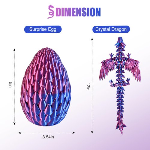 Memogizz 12inch Fly Dragon Egg, Year of The Dragon, 3D Printed Dragon, Executive Desk Toys, Articulated Dragon, Fidget Toys Gifts for Easter Christmas Graduates Students Teachers Adults (Purple&Red)