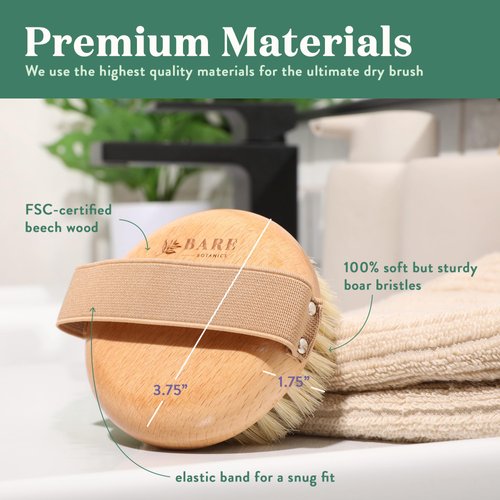 Bare Botanics Exfoliating Dry Brushing Body Brush for Lymphatic Drainage | Palm Sized, Universal Fit, & an Elastic Strap | Medium Firmness Dry Brush for Body