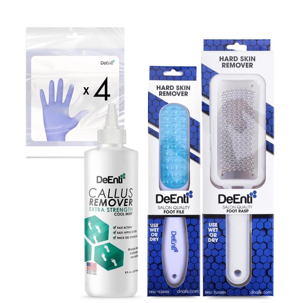 DeEnti Callus Maintenance Pack, Bundle Includes Mint Scented Callus Remover, Metal Foot Rasp, Foot File, and 4 Pairs of Gloves, Salon Grade Foot Care, Home Manicure and Pedicure Kit